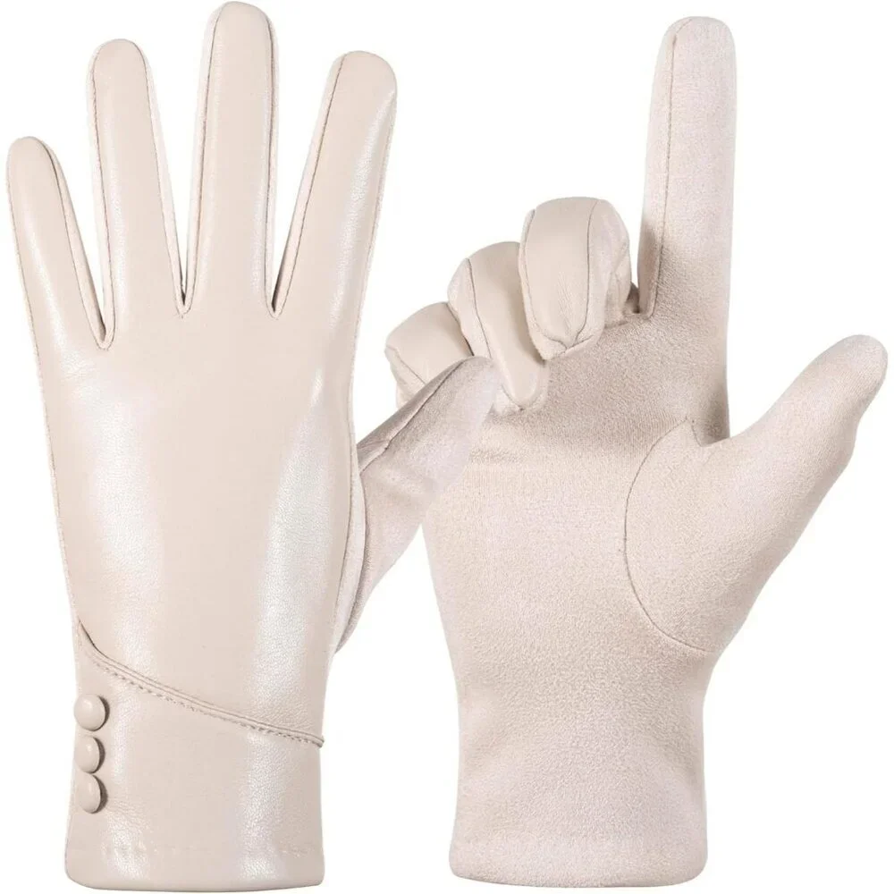 Women's White Winter Leather Suede Gloves Wool Lined Windproof Touchscreen